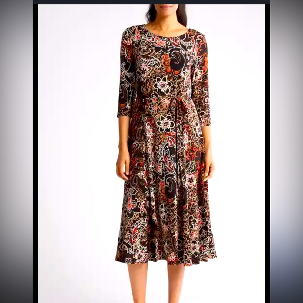Nina Leonard Fit and Flare Midi Jacquard Belted Dress